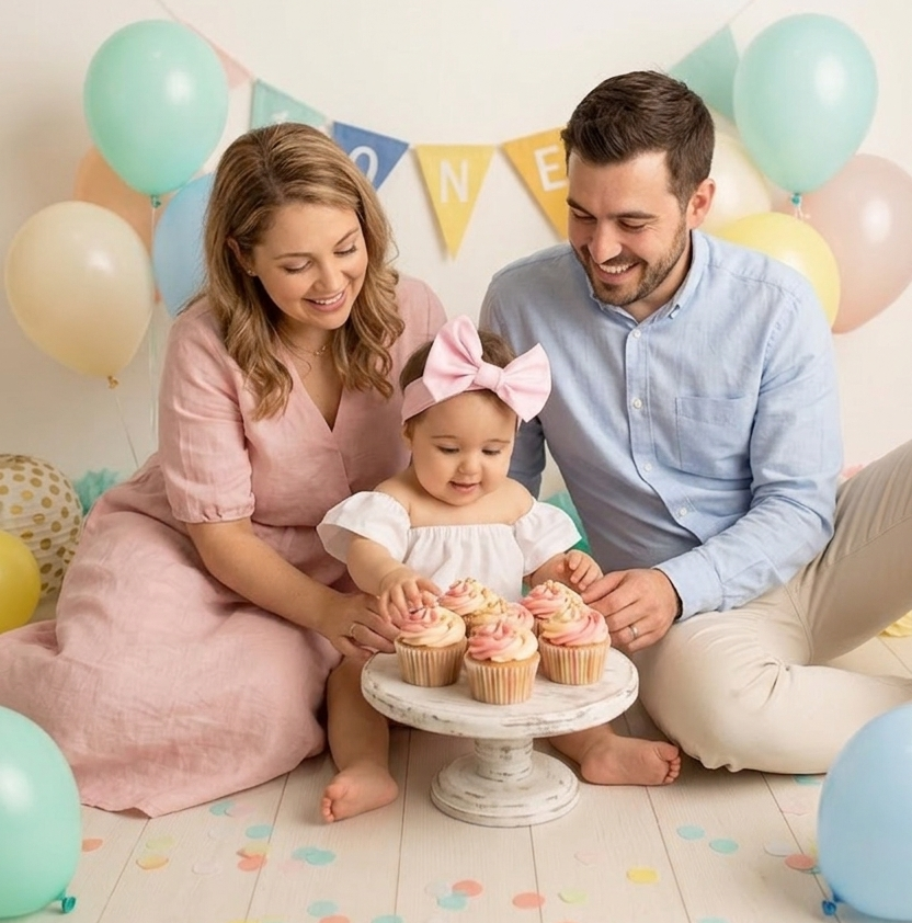 Bambina di 1 anno, festeggia il suo primo compleanno davanti a dei cupcakes e dei palloncini colorati, insieme con mamma e papà. Sfondo bandierine