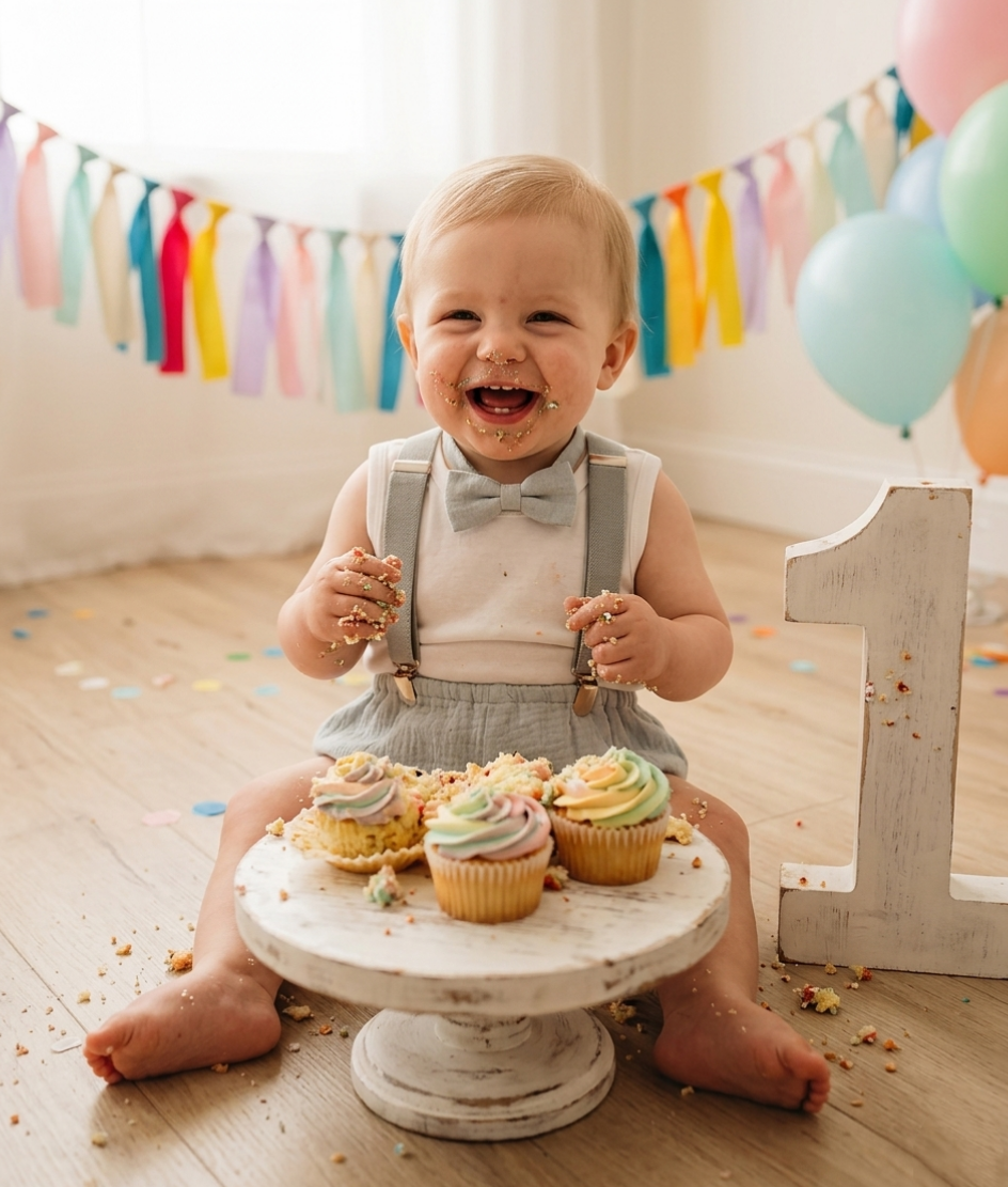 Bambino di 1 anno festeggia felice il suo primo compleanno davanti a dei cupcakes. Le sue mani e la sua bocca sono pasticciate dai cupcakes. Sfondo bandierine e  palloncini