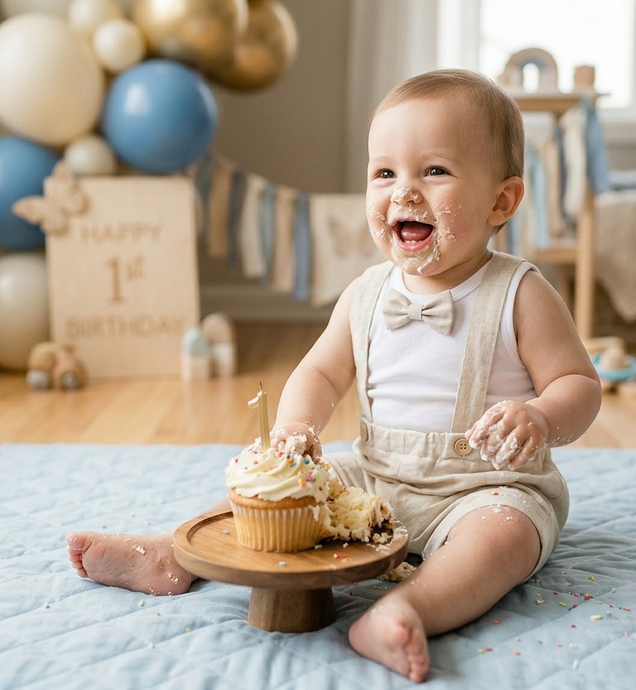 Bambino felice seduto su una coperta, con salopette beige, body bianco e papillon beige. Ha la bocca e mani pasticciate. Davanti ha un'alzatina torta, con sopra un cupcake con candelina numero 1. Sfondo giocattoli palloncini