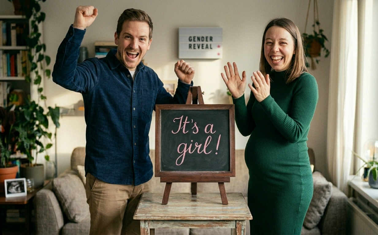 Mamma e papà che festeggiano, con al centro una lavagnetta con scritto It's a girl! Sfondo casalingo