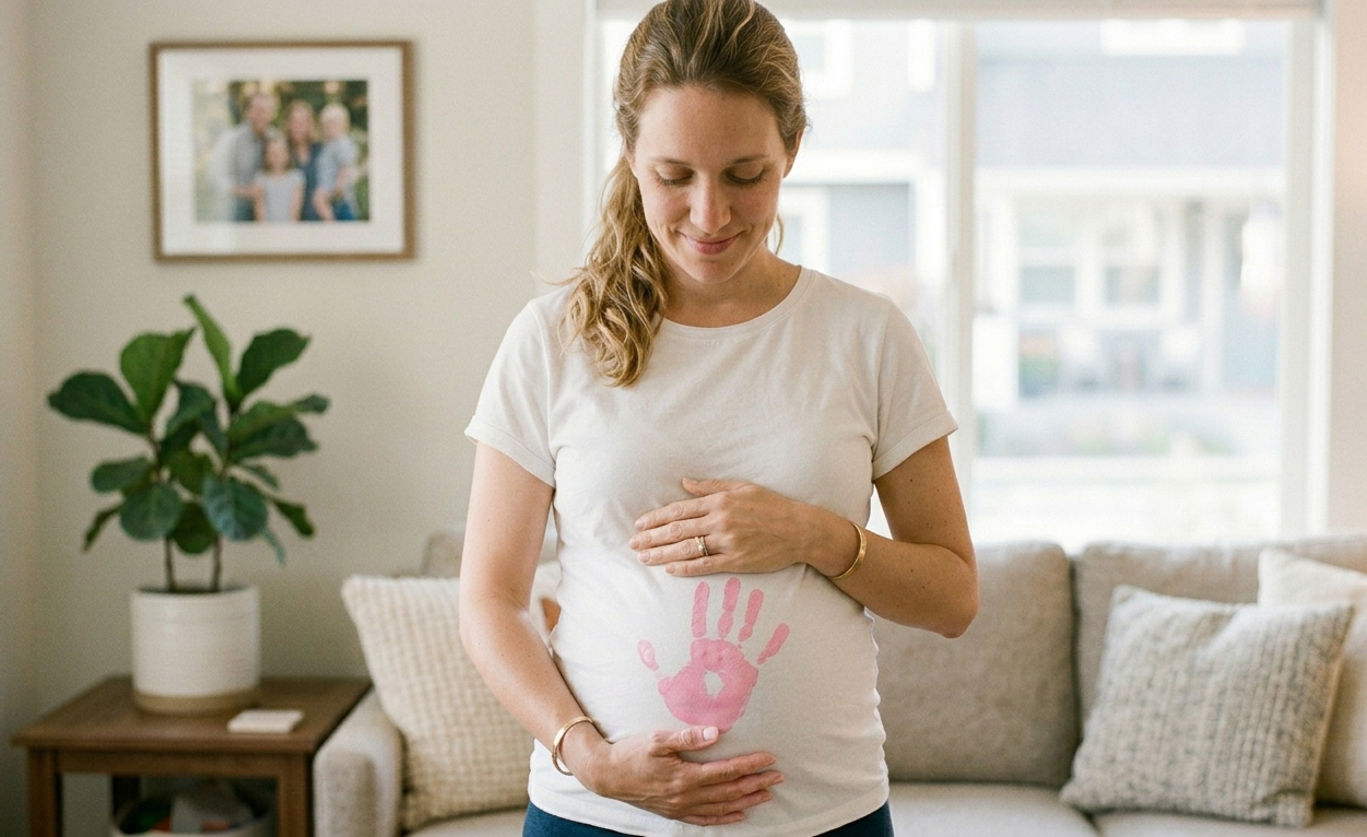 mamma incinta con una maglietta bianca e l'impronta di una mano rosa, sfondo divano, finestra pianta