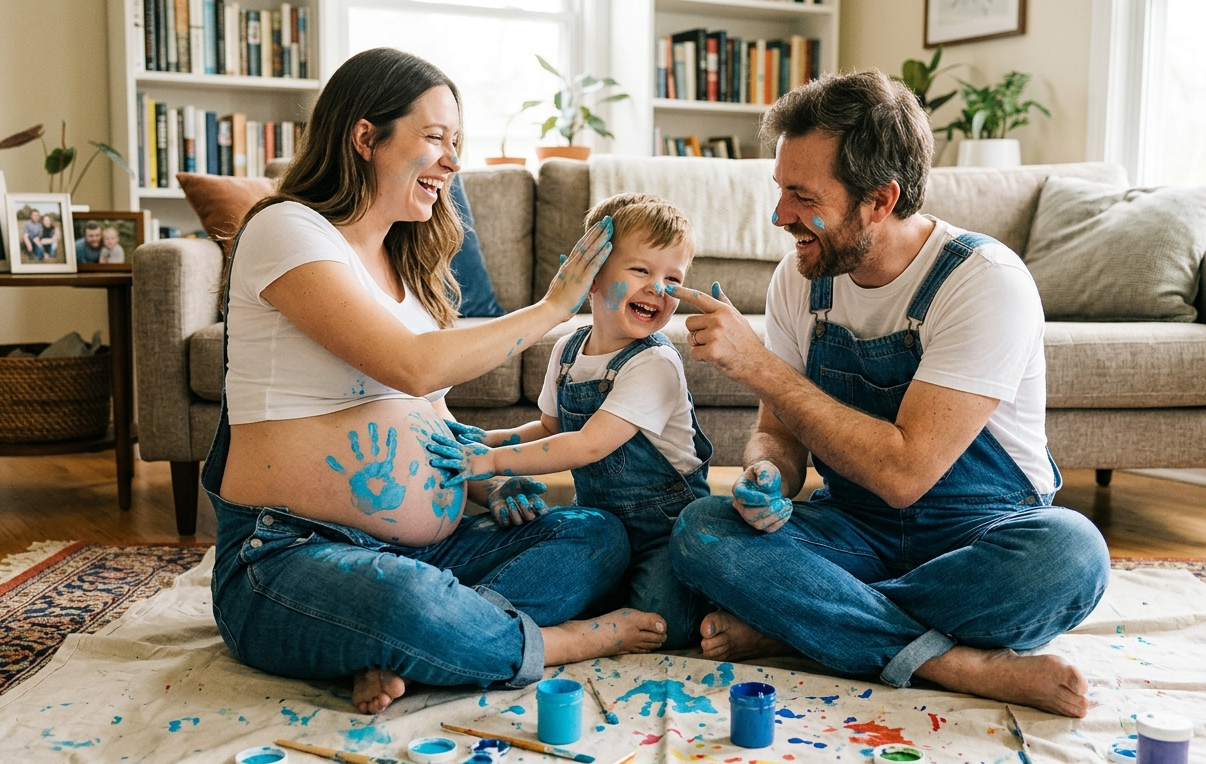 Famiglia, mamma, papà e bambino di 3 anni, vestiti con salopette in jeans coordinati e maglietta bianca, si stanno divertendo seduti a terra, con le mani sporche di blu e si stanno sporcando a vicenda. ambiente casalingo