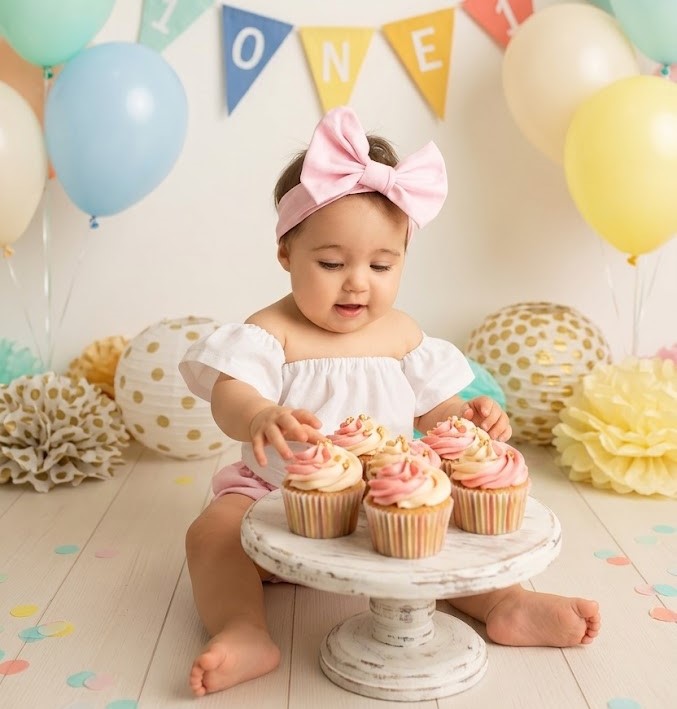 Bambina di 1 anno, festeggia il suo primo compleanno davanti a dei cupcakes e dei palloncini colorati. Sfondo bandierine