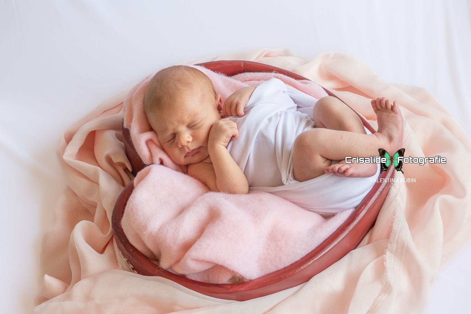 Neonata che dorme dentro cestina a forma di cuore rosso, avvolta in fascia bianca, su tessuto morbido rosa tipo feltro, testa girata di lato, manine vicino al volto, gambine incrociate e rannicchiate, tessuto chiffon rosa attorno alla cestina, sfondo bianco - fotografia newborn professionale a domicilio, Pacchetto Medium