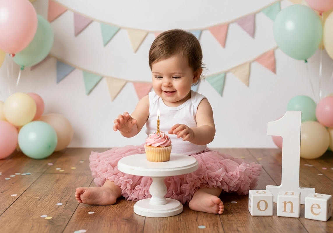Bambina di 1 anno, con body bianco e gonna in tulle rosa, seduta a terra con davanti un cupcake con la candelina accesa. Di fianco un numero 1 e cubi con scritta one. Sfondo con bandierine colorate e palloncini