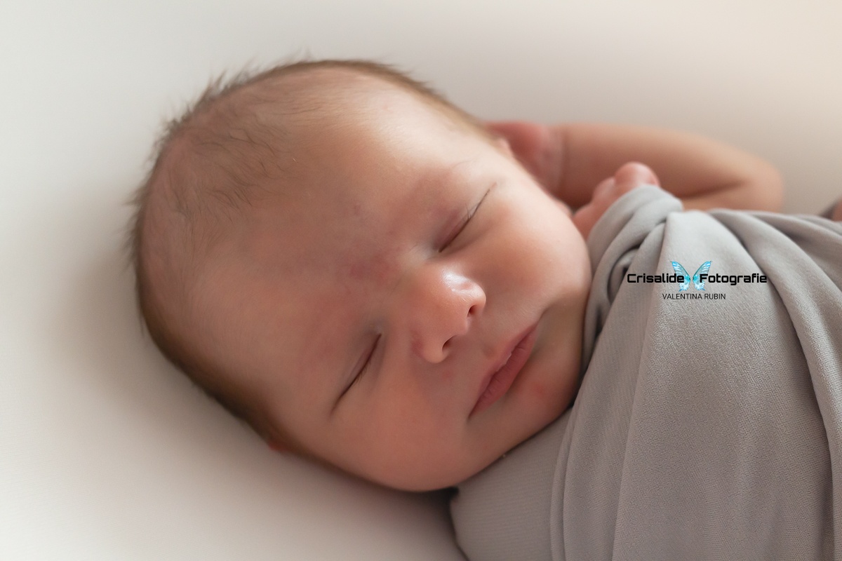 Neonato che dorme fasciato in tessuto grigio su sfondo bianco, primo piano del viso, servizio fotografico newborn che cattura i dettagli delicati e le emozioni dei primi giorni di vita