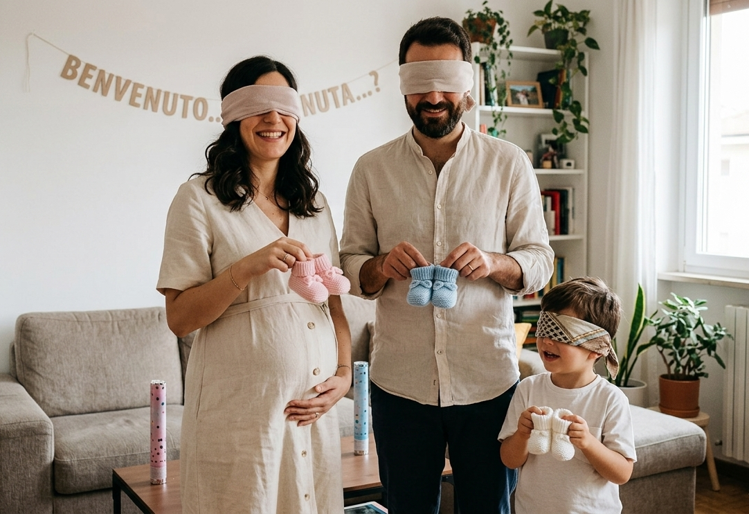 Mamma incinta, bendata, con scarpette neonata rosa in mano, di fianco papà bendato con scarpette neonato azzurre in mano, bambino di 3 anni bendato con in mano scarpette neonato bianche. Ambiente domestico, sfondo soggiorno di casa