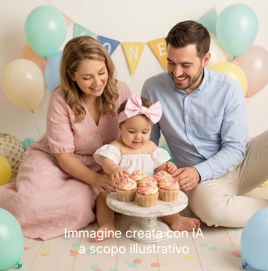 Bambina di 1 anno, festeggia il suo primo compleanno davanti a dei cupcakes e dei palloncini colorati, insieme con mamma e papà. Sfondo bandierine