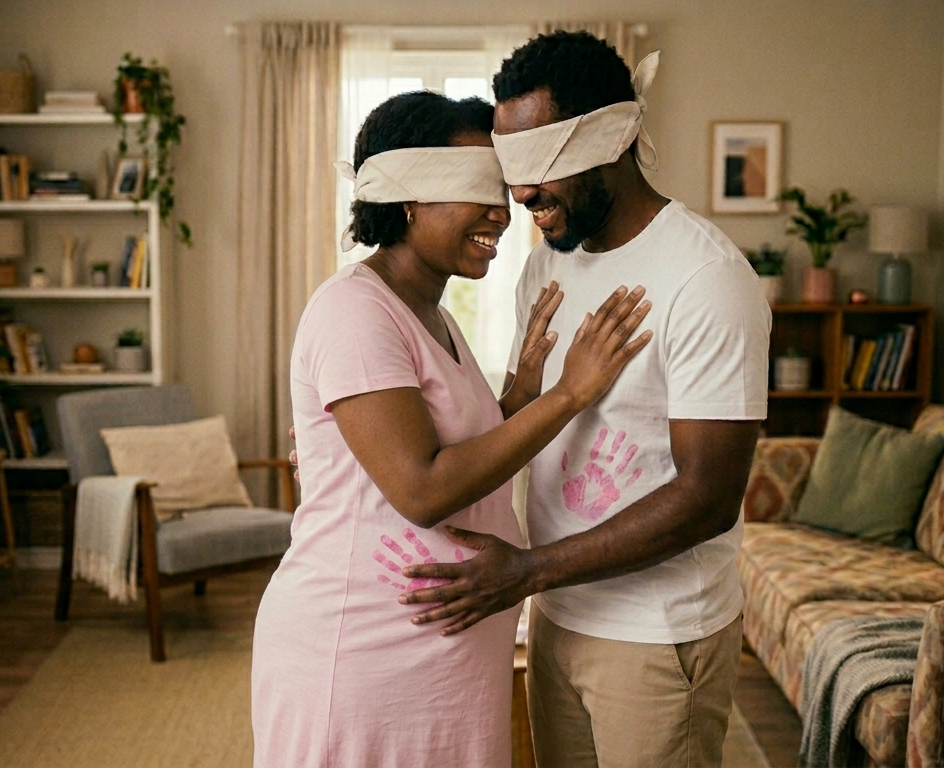 Coppia donna incinta, uomo di fronte, bendati, si toccano con mani sporche di rosa lasciando le impronte, per il loro gender reveal. Ambiente domestico, luce morbida dalla finestra