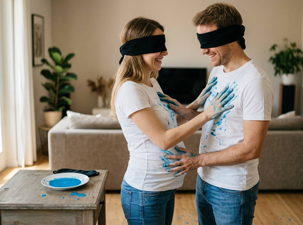 Coppia bendata, lei incinta, con magliette bianche e mani sporche di azzurro per la sorpresa rivelazione del sesso del loro bambino