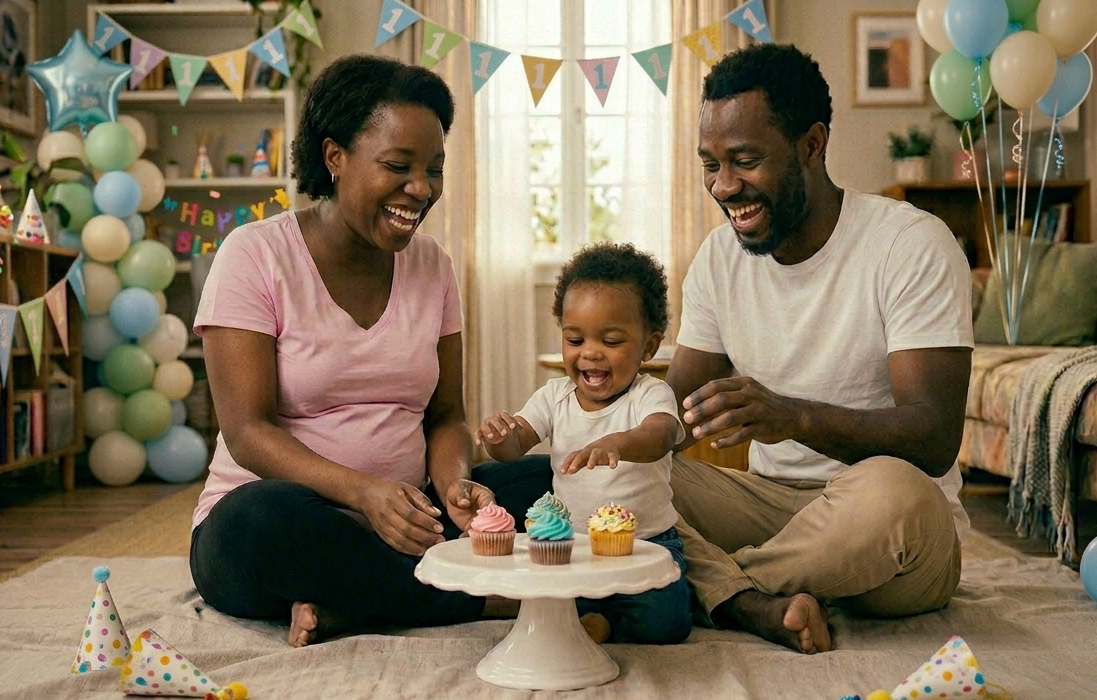Mamma, papà e bambino stanno festeggiando il primo compleanno, davanti a dei cupcakes. Sfondo colorato palloncini bandierine, ambiente domestico
