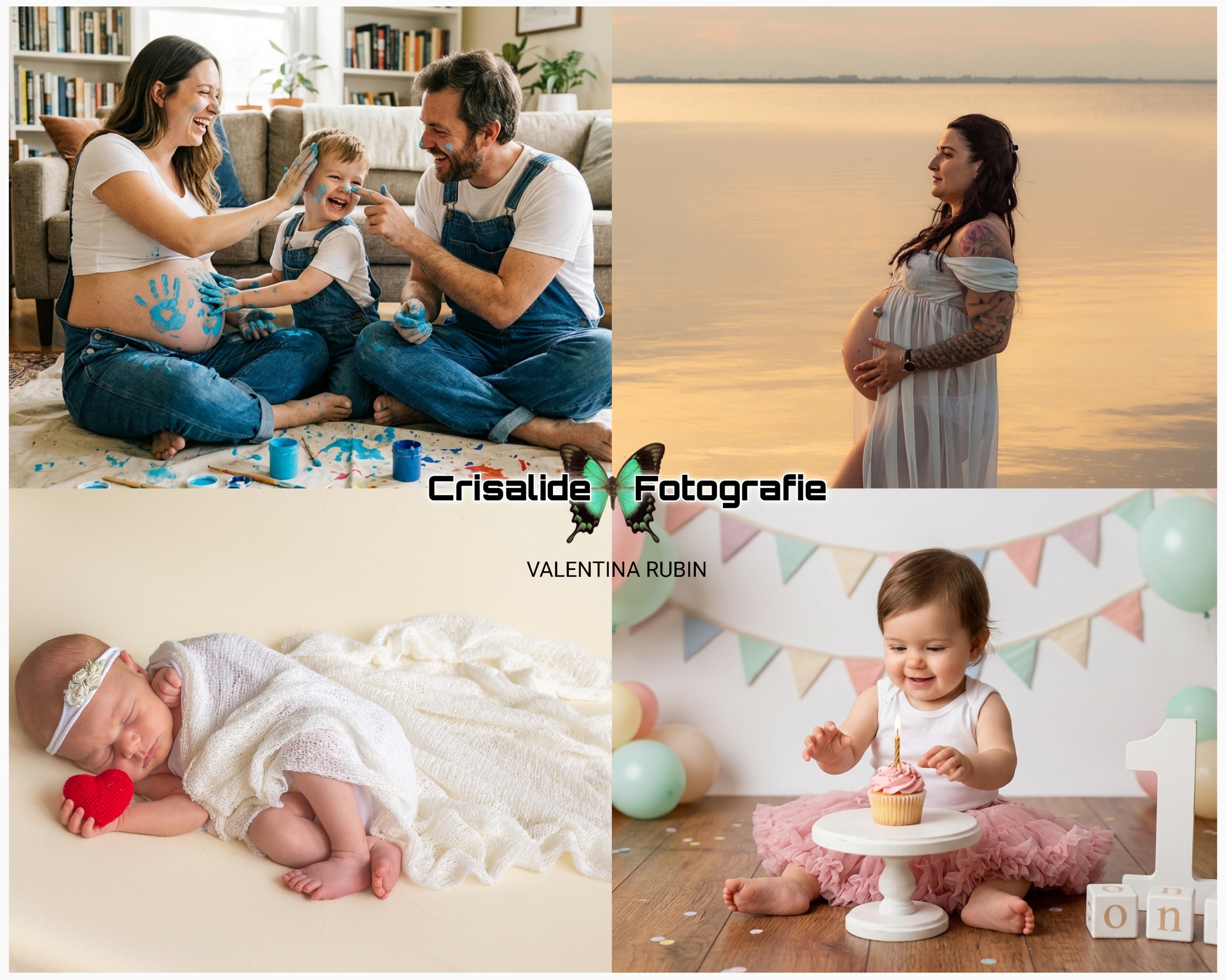 Collage di quattro momenti del percorso Crisalide: un momento di gioco in famiglia, una sessione di maternità in esterna alla spiaggia della Boschettona a Codevigo, un servizio newborn a domicilio a Sant'Angelo di Piove di Sacco, in provincia di Padova, e la festa del primo compleanno