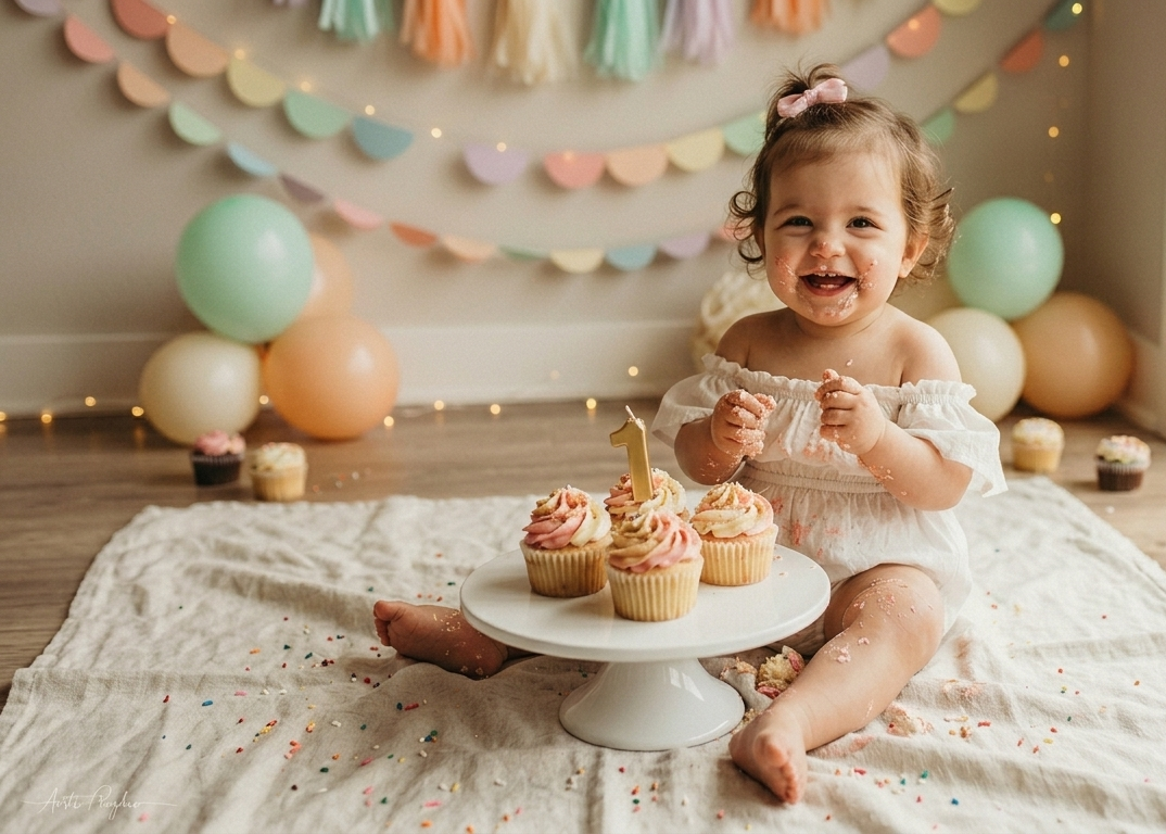 Bambina che festeggia il suo primo compleanno con davanti dei cupcakes. Ha la bocca e le mani pasticciate. Sfondo palloncini e bandierine