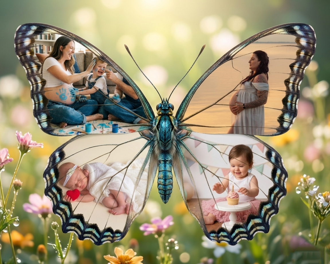 Una farfalla, in ogni ala c'è una foto diversa, descrive 4 servizi fotografici diversi, gender reveal, maternità, newborn e primo compleanno con cupcake