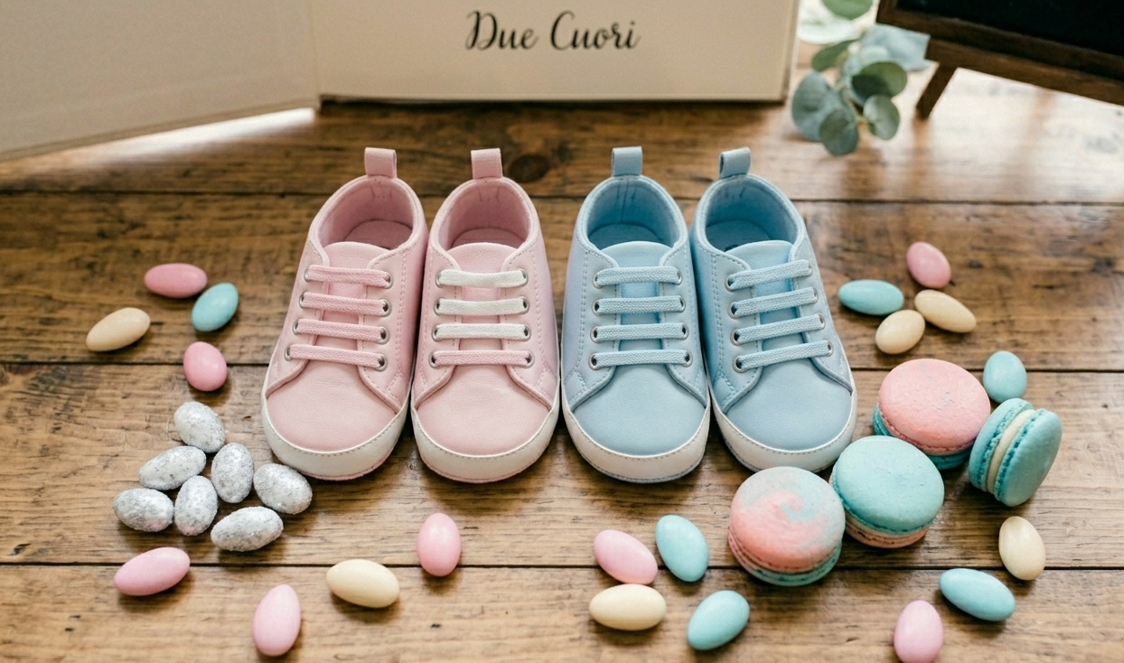 Due paia di scarpette da neonato, un paio rosa e un paio azzurre, contornate da confetti e macaron
