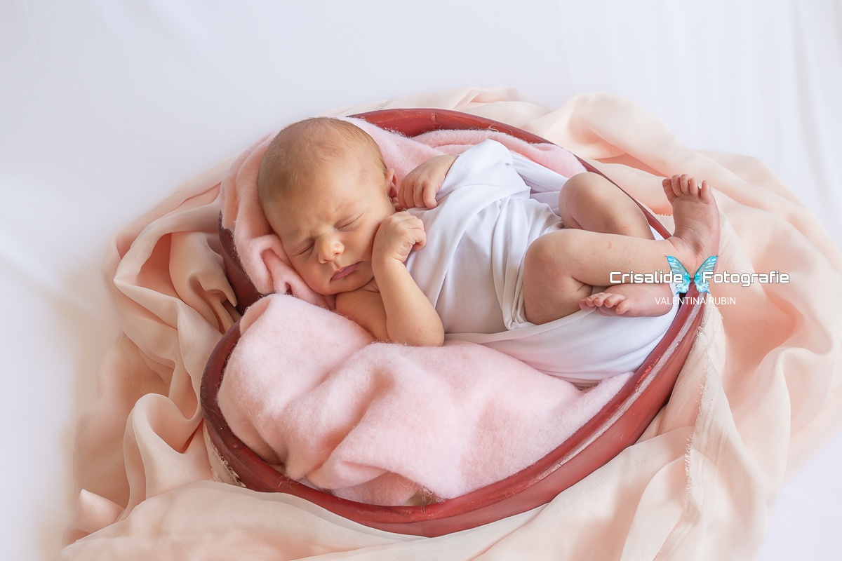 Neonata che dorme dentro cestina a forma di cuore rosso, avvolta in fascia bianca, su tessuto morbido rosa tipo feltro, testa girata di lato, manine vicino al volto, gambine incrociate e rannicchiate, tessuto chiffon rosa attorno alla cestina, sfondo bianco - fotografia newborn professionale a domicilio, Pacchetto Medium