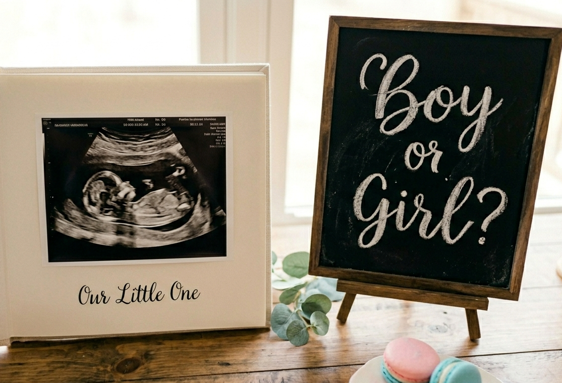 Ecografia di un bambino appoggiata su un mobile, affiancata da una piccola lavagnetta con scritto boy or girl? Sfondo chiaro di una finestra
