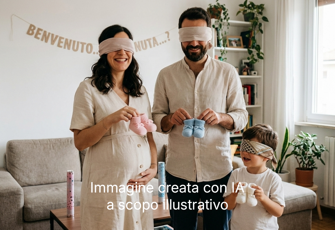 Mamma incinta, bendata, con scarpette neonata rosa in mano, di fianco papà bendato con scarpette neonato azzurre in mano, bambino di 3 anni bendato con in mano scarpette neonato bianche. Ambiente domestico, sfondo soggiorno di casa