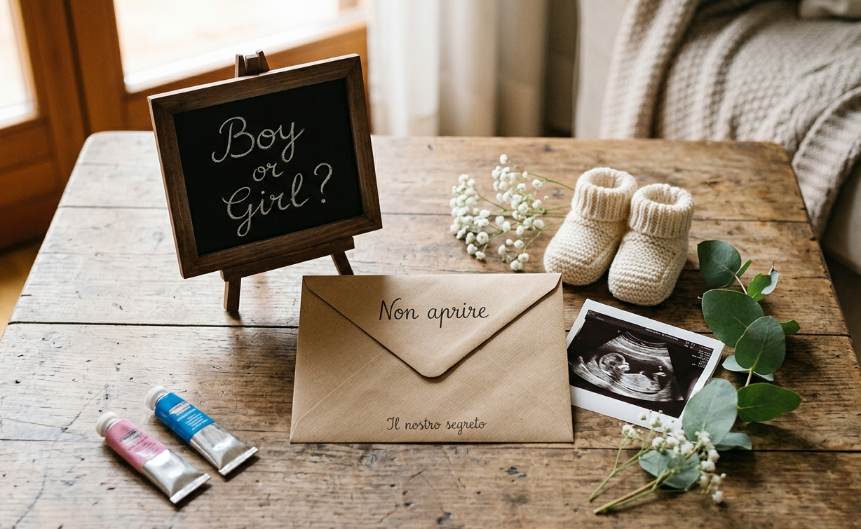 Vari elementi sul tavolino, lavagnetta con scritto boy or girl? un paio di scarpette neonato bianche, un'ecografia, una busta chiusa con scritto non aprire il nostro segreto. Sfondo finestra e tenda