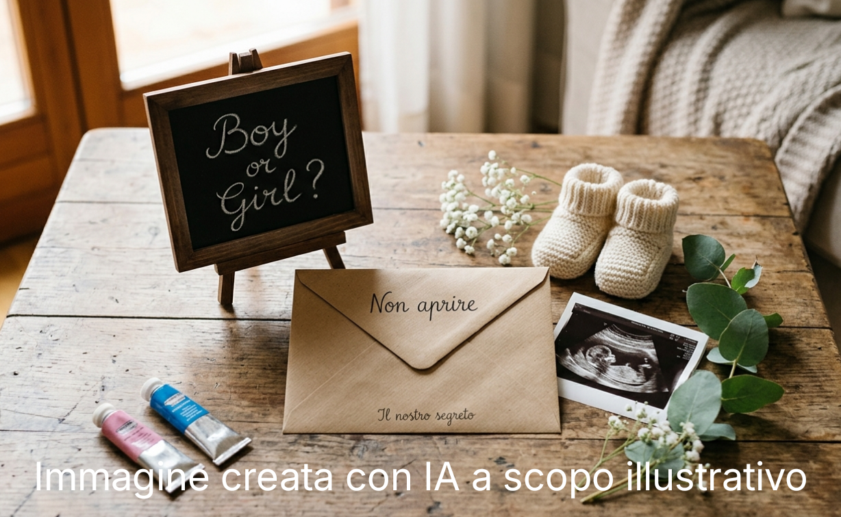 Vari elementi sul tavolino, lavagnetta con scritto boy or girl? un paio di scarpette neonato bianche, un'ecografia, una busta chiusa con scritto non aprire il nostro segreto. Sfondo finestra e tenda