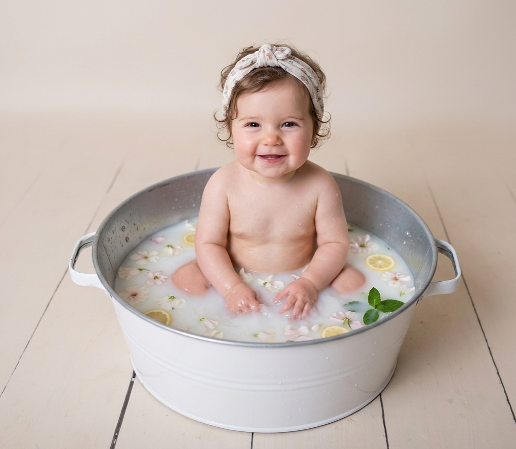 Bambina dentro ad una vaschetta con bagnetto di latte, sfondo chiaro neutro