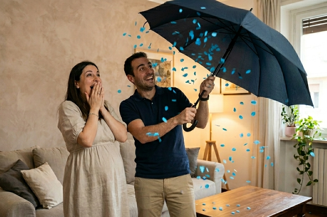 Coppia di neo genitori che scoprono il sesso del bambino, aprendo un ombrello con coriandoli azzurri che cadono. Ambiente domestico