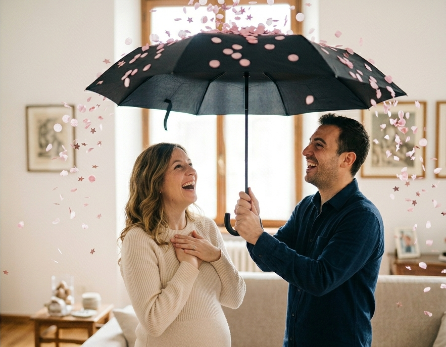 Donna incinta con marito, insieme aprono un ombrello e scende coriandoli rosa per il loro gender reveal